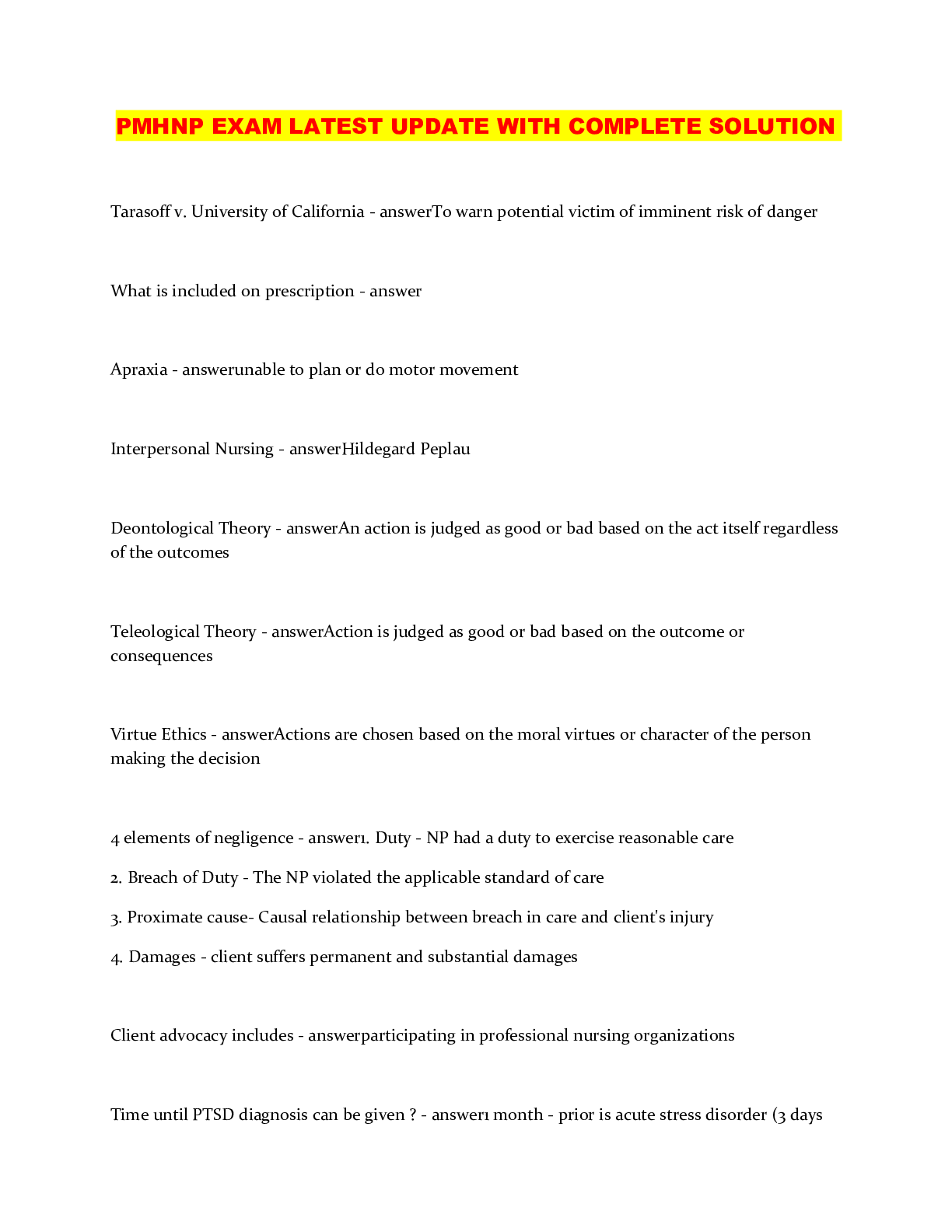 Preview image of PMHNP EXAM LATEST UPDATE WITH COMPLETE SOLUTION document